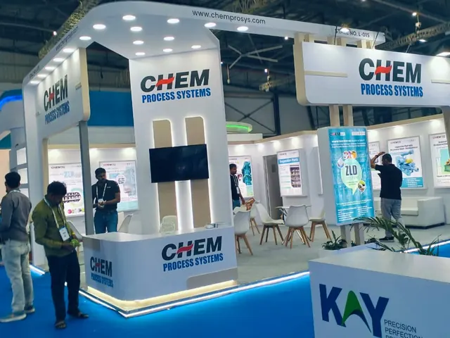 Chem Process Systems exhibition stall with illuminated portal frames and lounge
