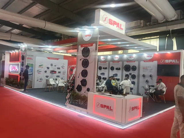 SPAL Automotive island exhibition booth with fan display tower and meeting area